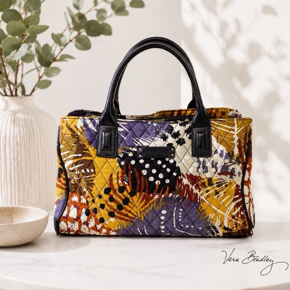 Vera Bradley Quilted Satchel Handbag Floral Purple Yellow Black Cotton Tote Bag